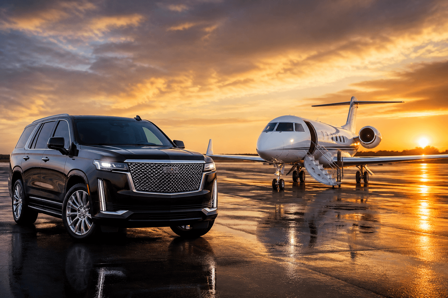New-generation black Cadillac Escalade beside a private jet on the tarmac — Long Island Express Limo airport transfer
