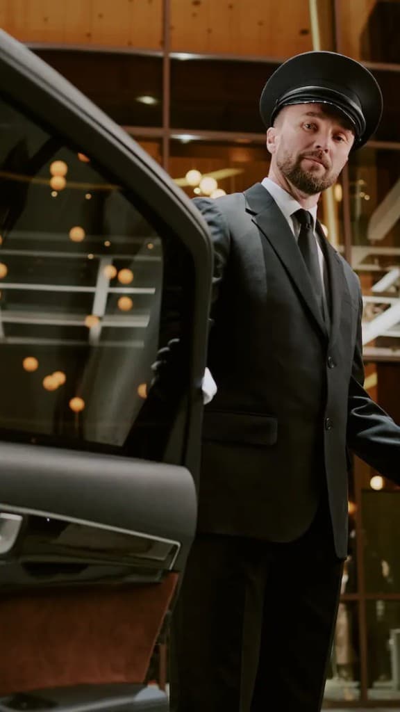 Professional chauffeur opening the door of a luxury black car for a date night
